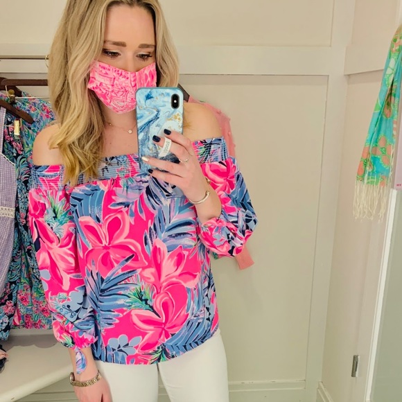 LILLY PULITZER OFF THE SHOULDER PRINTED SHORT SLEEVE TOP - Picture 1 of 13